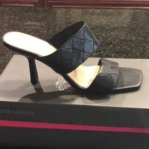 Vince Camuto Candialia Black Braided Leather Squared Toe w/ Fashion Heel Sandal